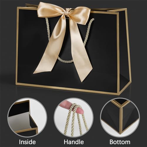 Image of JMANNI Gift Bags with Handles, 11 inch Small Gift Bag for Presents, 2 Pcs Bags with 4 Tissue Paper and 2 Cards for Baby Shower Wedding Bridal Shower Mother's Day Birthday Party (Golden-Black)