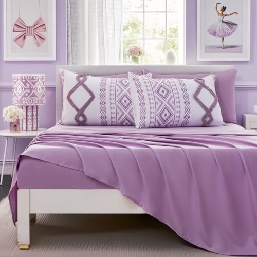 Image of MOVE OVER 7 Pieces Purple Tufted Bed in a Bag King Size Boho Chic Farmhouse Bedding Set Soft Microfiber Ethnic Aztec Comforter Sets for Bedroom Mid-Century Bohemian Bedding Comforter Set