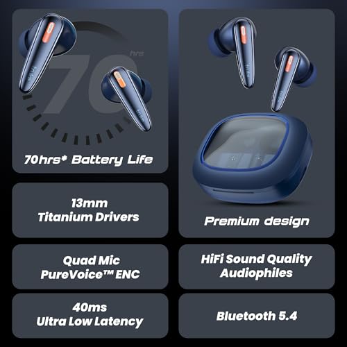 truke New Launch Crystal Bass True Wireless in Ear Earbuds with 13mm Drivers, 70H Playtime Fast Charge, Made in India, HiFi Sound TWS, 40ms Low Latency, 4Mics ENC, BT 5.4 (Cobalt Blue) view 2