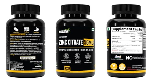 Image of NutriJa Zinc Citrate 56mg (17mg Elemental Zinc) with Vitamin C 40mg | Immune Support, Skin & Hair Health | 120 Veg Capsules