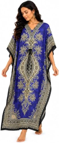Image of Shah Crafts. Women Kaftan Dresses Kimono Tunic Long Ladies Oversized Night Gown Maxi Top Evening Dress Plus Size Caftan Color-Blue 3/4 Sleeve