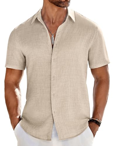 COOFANDY Mens Beach Button Up Shirt Fashion Casual Linen Resort Wear Shirts for Men Light Khaki