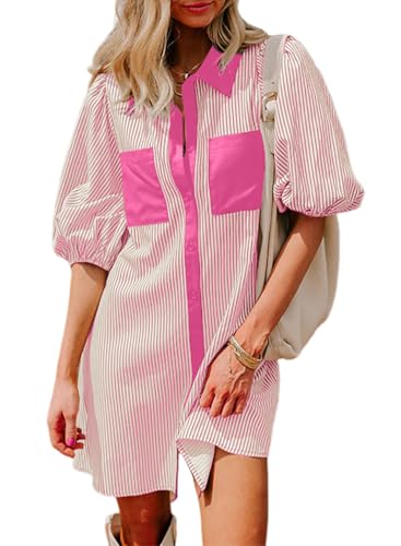 Image of AlvaQ Women Dress Summer 2025 Casual V Neck Short Sleeve Button Down Striped Tunic Dresses with Pockets
