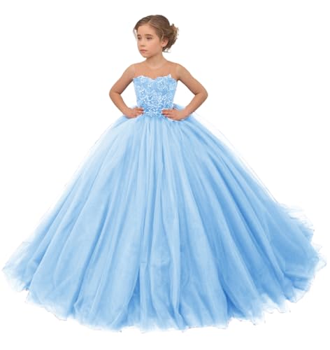 Princess Girls Pageant Dress Ball Gown Beaded Applique Tulle Flower Girl Dresses for Party