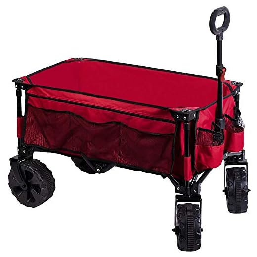 Timber Ridge Folding Wagon Collapsible Utility Outdoor Cart for Camping/Garden/Beach/All Terrain, Side Bag & Cup Holders, Red