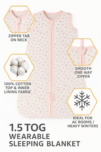 Image of TuddyBuddy Baby Cotton Wearable Quilted Sleeping Bag Blanket 1.5 Tog with 1 Way Zipper Closure | Ideal for Babies & Kids Hypoallergenic Fabrics | (Pink Marigold, 18-24 Months)
