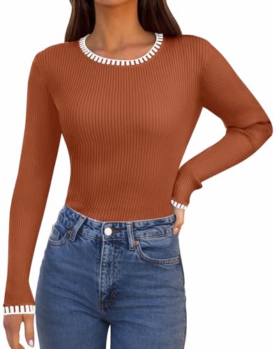MEROKEETY Women's 2025 Long Sleeve Ribbed Color Block Sweater Crewneck Slim Fitted Basic Knit T Shirt Tops2