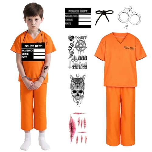 PUIWNON Prisoner Costume Orange 7PCS Top Pants Handcuffs Prisoner Placard Inmate Outfit for Halloween (Orange Medium)