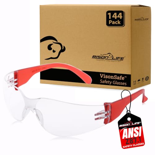 Image of BISON LIFE Clear /Red Safety Glasses for Men & Women, ANSI Z87.1, 144 Pack | Scratch & Impact Resistant Wraparound Safety Goggles, UV Protection Eyewear for Work, Construction, Lab, Industrial