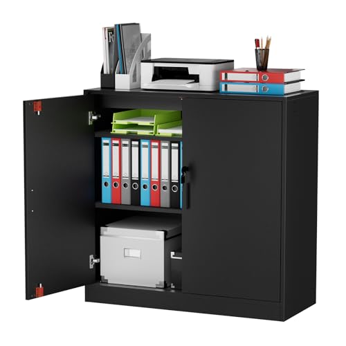 anrekl Armoire de Bureau, Meuble Rangement Bureau Fermant à clé, 15mm Armoire de Rangement pour Garage Salon Chambre Buffet Imprimante Papier Administratif avec 2 Porte, Placages Réglables, Noir