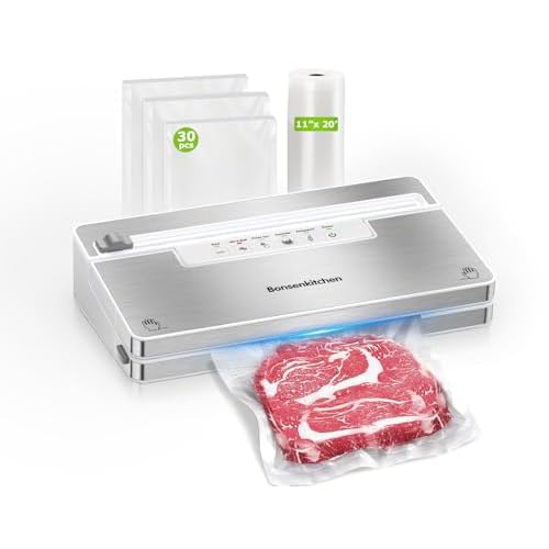 Bonsenkitchen Vacuum Sealer Machine, Stainless Steel Food Sealer Vacuum Sealers with 1 Roll & 5 Bags, 5 Food Vacuum Modes, Built-in Cutter & Bag Storage (White Silver) White-Silver 1 Roll +