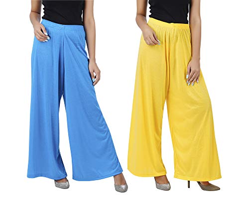 Image of Buy That Trendz M to 4XL Cotton Viscose Loose Fit Flared Wide Leg Palazzo Cotton for Pants Women Turquoise Yellow Combo Pack of 2 Large