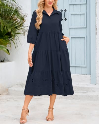 Image of Women Button Down Maxi Shirt Dress Long Sleeve Flowy Tiered Collared Dresses with Pockets