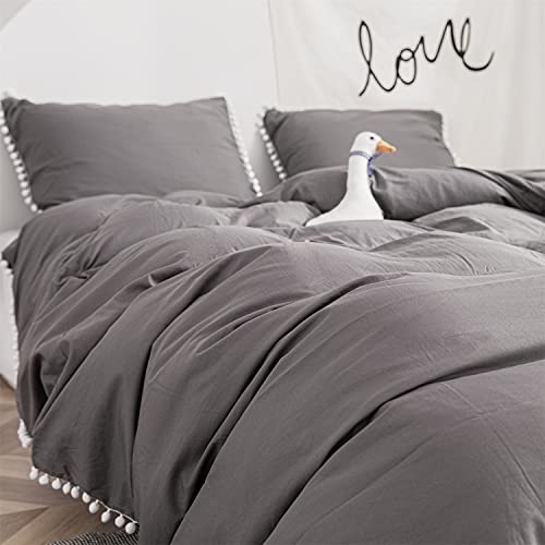 Pom Pom Duvet Cover Set Twin Size, Solid Color Farmhouse Bedding Set With White Fringe Ball,Ultra Soft & Breathable Washed Microfiber Comforter Cover - 2 Pieces(Grey, Twin) #TOP2