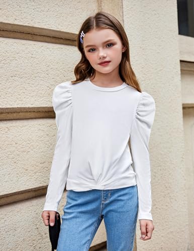 Image of Arshiner Girls Puff Long Sleeve Shirts Twist Front Ribbed Knit T Shirt Crop Tops Tee Blouse