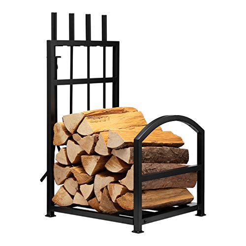 DOEWORKS Estante de madera para exteriores con 4 accesorios para chimenea, acero resistente, color negro, 43 x 38 x 68 cm