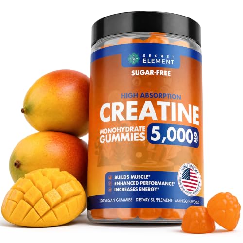 Image of Secret Element Creatine Monohydrate Gummies 5000 mg per Serving, Sugar Free Vegan Gummies, Non-GMO, Creatine Chews for Women & Men, 30 Servings, 120 Gummies, Mango Flavor