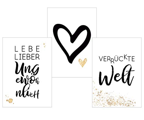 Fabelhafte Dinge Wandbild 3er Set Sprüche A4 schwarz-Gold Poster Wanddeko Kunstdrucke Wohnzimmer Schlafzimmer Cover