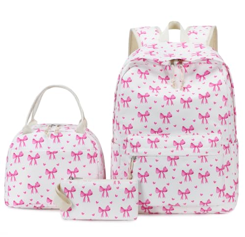 Image of LOIDOU Backpack for Teen Girls Bookbags School Backpack with Lunch Box and Pencil Case 3 in 1 School Bags Set (Bow Tie Pink Beige)