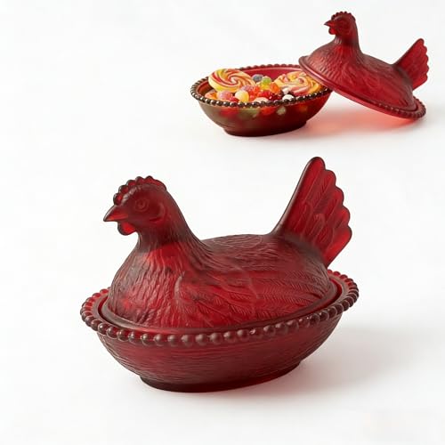 Palm-sized Glass Hen on Nest Decor Vintage Chicken Candy Dish & Lid(Red)