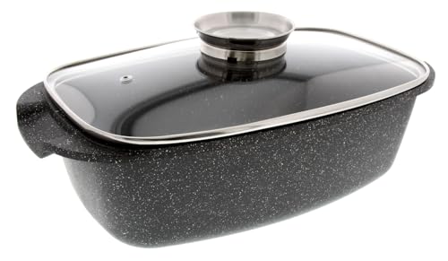 Pradel Excellence - PCUI001033 - Plat à Four en Fonte d'Aluminium Premium 36,5x23x6,6cm - Couvercle Verre - Revêtement Anti-Adhésif Façon Pierre - Tout Feu, Noir