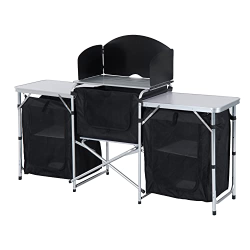 Outsunny Camping Kitchen Table, Aluminum Portable Outdoor Cooking Table, Fold-Up Cook Station with Windscreen and 3 Enclosed Cupboards for BBQ, Party, Picnics, Backyards