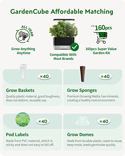 160pcs Hydroponic Pods Kit Grow Anything Kit with 40 Grow Sponges, 40 Grow Baskets, 40 Grow Domes, 40 Pod Labels - Compatible with Hydroponics Supplies from All Brands