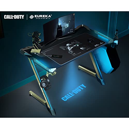 Image of EUREKA ERGONOMIC & Call of Duty UAV Gaming Desk, 45 inch Z Shaped Home Office PC Computer Gamer Table w /LED Light Projector Controller Stand & USB Charger Cup Holder Headset Hook Modern Warfare Mouse Pad