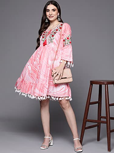 Image of INDO ERA Women Blue Embroidered Mid Thigh Length A-Line Ethnic Dress