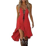 Vestido midi vintage de vaquera para mujer, sin mangas, cuello en V, con volantes, dobladillo irregular, fluido, de lino, para la playa, de verano, estilo bohemio, rosso, S