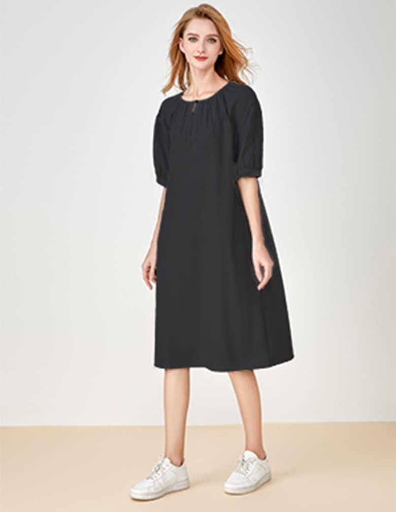 Minibee Women's Cotton Linen Dress Short Sleeve Midi Casual Plus Size Tunic Dress with Pockets - Image 3