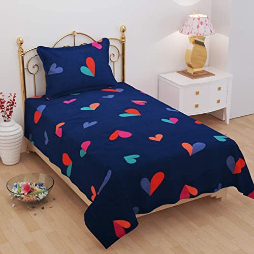 Image of Prime Collection 225 TC Cotton-Blend Fabric Single Sized(90x60) Inch 1 Bedsheet with 1 Pillow Covers - Single Bedsheet for Single Bed (Blue Heart)