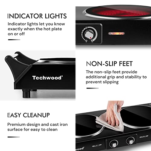Hot Plate, Techwood 1800W Electric Stove, Countertop Double Burners for Cooking, Infrared Ceramic Dual Cooktops, Brushed Stainless Steel, Black - Image 7