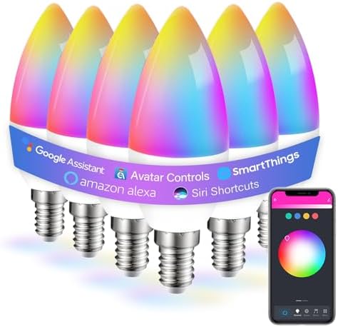 6 Pack E12 Smart Bulbs, Alexa WiFi Candelabra Smart Light Bulbs 5W 2700K-6500K Color Changing Dimmable RGBCW, Music Timer Ceiling Fan Smart B11 Candle Base Small LED Light Bulb, 2.4GHz WiFi