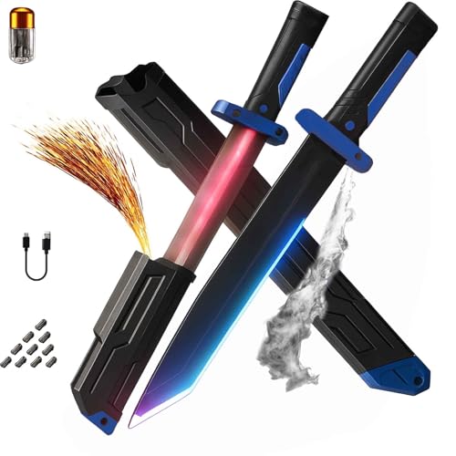 Spark Effect Sword – Auto-Eject Blade, Mist/Fog Visuals & Motion Sound Fx, Led USB-C Rechargeable, Replaceable Flint Sparks Included, Cosplay Rave (One Pack, Short)