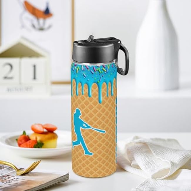 Personalized Ice Cream Drip Baseball Water Bottles with Name for Kids, Custom Insulated Stainless Steel Sports Bottle for Teens Boys, Back to School Gifts, Baseball Team Gifts 18oz