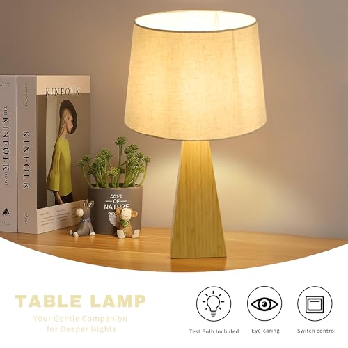 Image of Bamboo Table Lamp, Dimmable Bedside Lamp for Bedroom Decor | 20.3 inch Mid-Century Modern Desk Lamp with Linen Shade for Nightstand, Living Room, Office & Kids Room