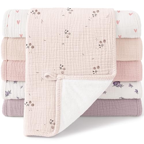 Image of Bearmoss Muslin Burp Cloths, 100% Cotton Baby Burping Clothes, Large Extra Soft Absorbent for Unisex Newborn Boy and Girl, 20x10in, 6 Pack, Pink Print