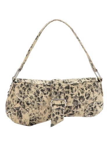 Image of QWINEE Women's Y2K Leopard Print Shoulder Bag Denim Handbags Retro Cheetah Purses Top Handle Buckle Clutch Underarm Bag