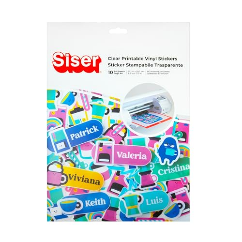 Siser Carta Adesiva Stampabile A4 – 10 fogli vinile TRASPARENTE (clear) per stickers – carta adesiva waterproof compatibile con stampanti inkjet e plotter da taglio