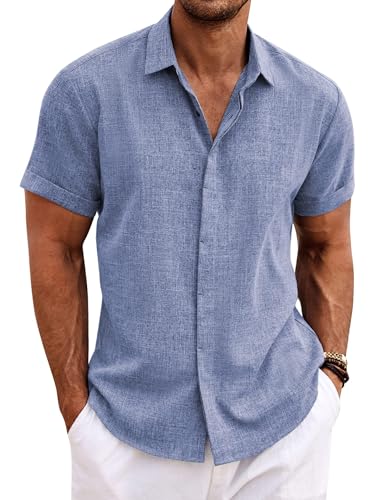 Cegerne Herren Leinenhemd Henley Shirt Langarm Freizeithemden Sommer Beach Casual Mittelalte Kurzarm T-Shirt für Urlaub Strand