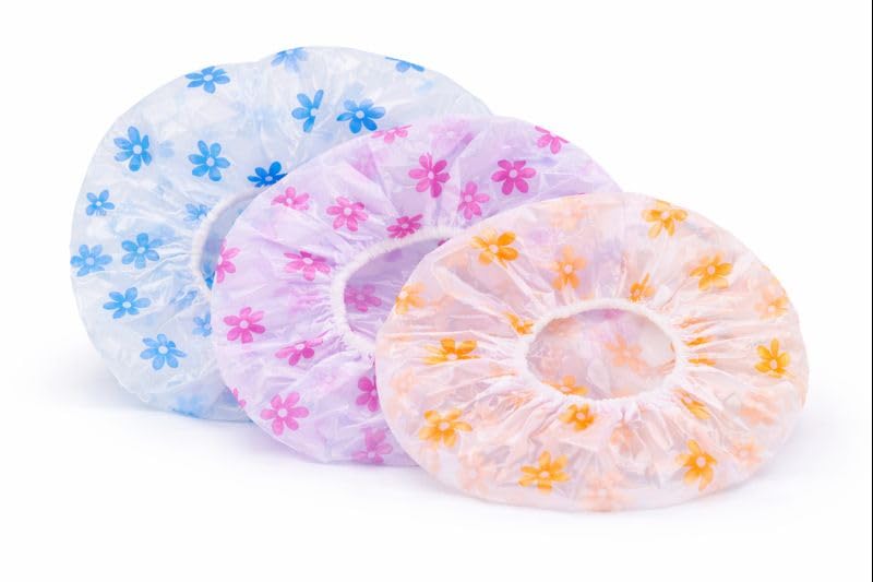 FABify Pack of 5 Reusable Printed EVA Shower Caps for Women – Waterproof 27 × 27 cm Bath & Hair‑Treatment Caps with Covered Elastic | Multi‑Color Spa, Salon & Home Protection