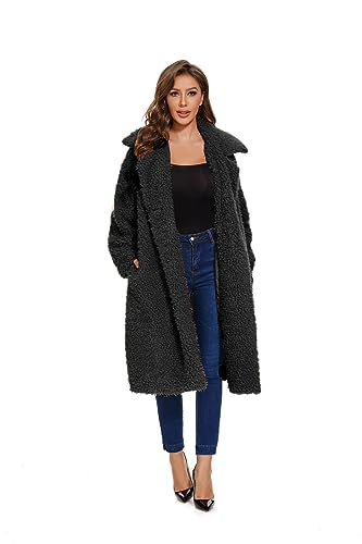 SUGAR POISON Women's Fuzzy Fleece Lapel Open Front Long Cardigan Coat With Belt Faux Fur Warm Winter Outwear Jackets