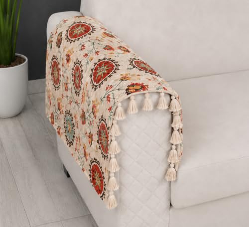 Image of Velvet Quilted Sofa Armrest Covers (Pack of 2) | Red Floral | Anti-Slip Soft Washable Arm Covers with Tassels | 24 x 27 Inches (Full)
