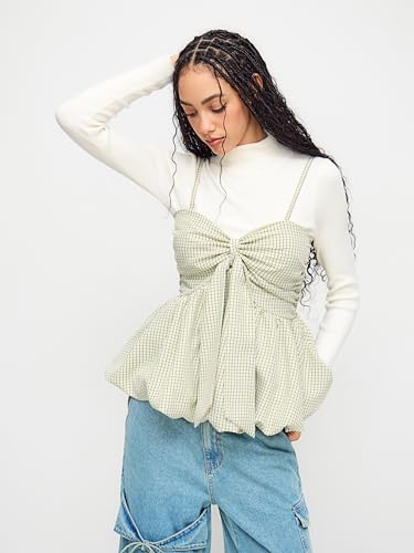 CIDER Plaid Shirts for Women Check Shirred Knotted Cami Top Sleeveless Bubble Hem Cute Blouse Going Out Top2