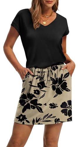 Image of OFEEFAN Summer Dresses for Women 2026 V Neck T Shirt Casual Mini Dresses Tie Waist Sundresses with Pockets