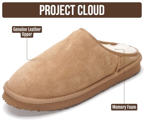 Image of Project Cloud Men's 100% Genuine Leather Shearling Memory Foam Slippers | Genuine Shearling Lining and Lightweight Non-Slip Indoor & Outdoor Wear Slippers for Men - Water-Resistant Mens Slippers