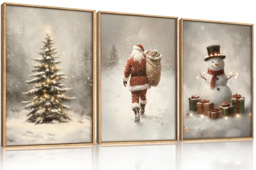 DRACIT Snowy Santa Claus with Gift Sack Framed Canvas Wall Art-16"x24"x3