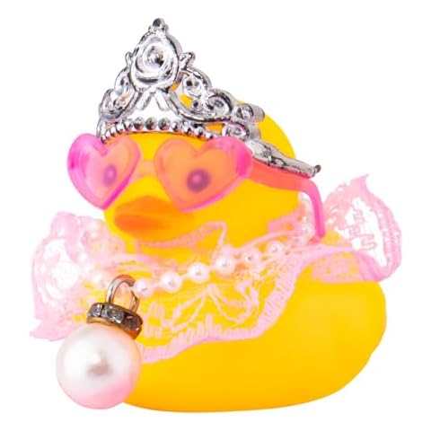 wonuu Car Rubber Duck Decoration Cute Car Accessories Car Ducks for Dashboard with Dress Heart Shape Sunglasses Necklace, Pearl Pendant Chain-Pink Lace Cover