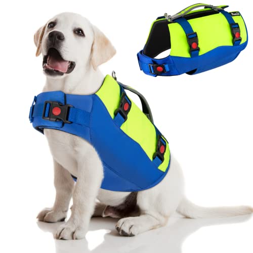 SlowTon Dog Life Jacket, Adjustable Ripstop Dog Life Vest with One Piece Belly Support Superior Buoyancy, Skin-Friendly Neoprene Pet Safety Flotation Vest for Swimming Boating Pool Beach(Yellow,M)